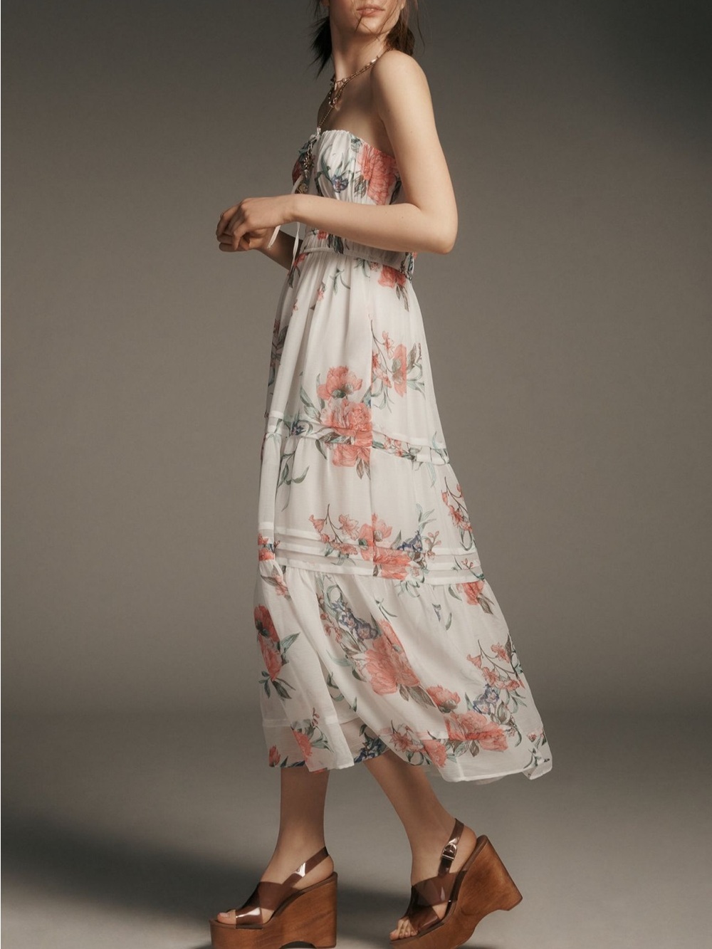 Anthropologie White Strapless Midi Dress with Coral Floral Print - The Somerset